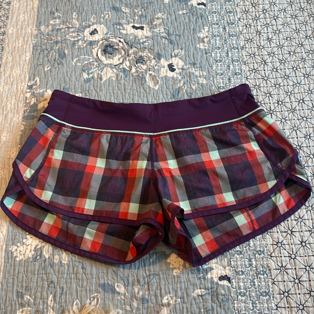 Lululemon Run Speed shorts size 6. Wheezy berry plaid.